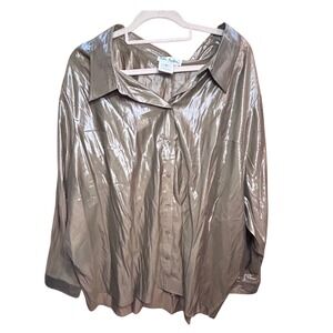 Ulla Popken Metallic Bronze Relaxed Fit Button Down Shirt Blouse Plus Size 32/34